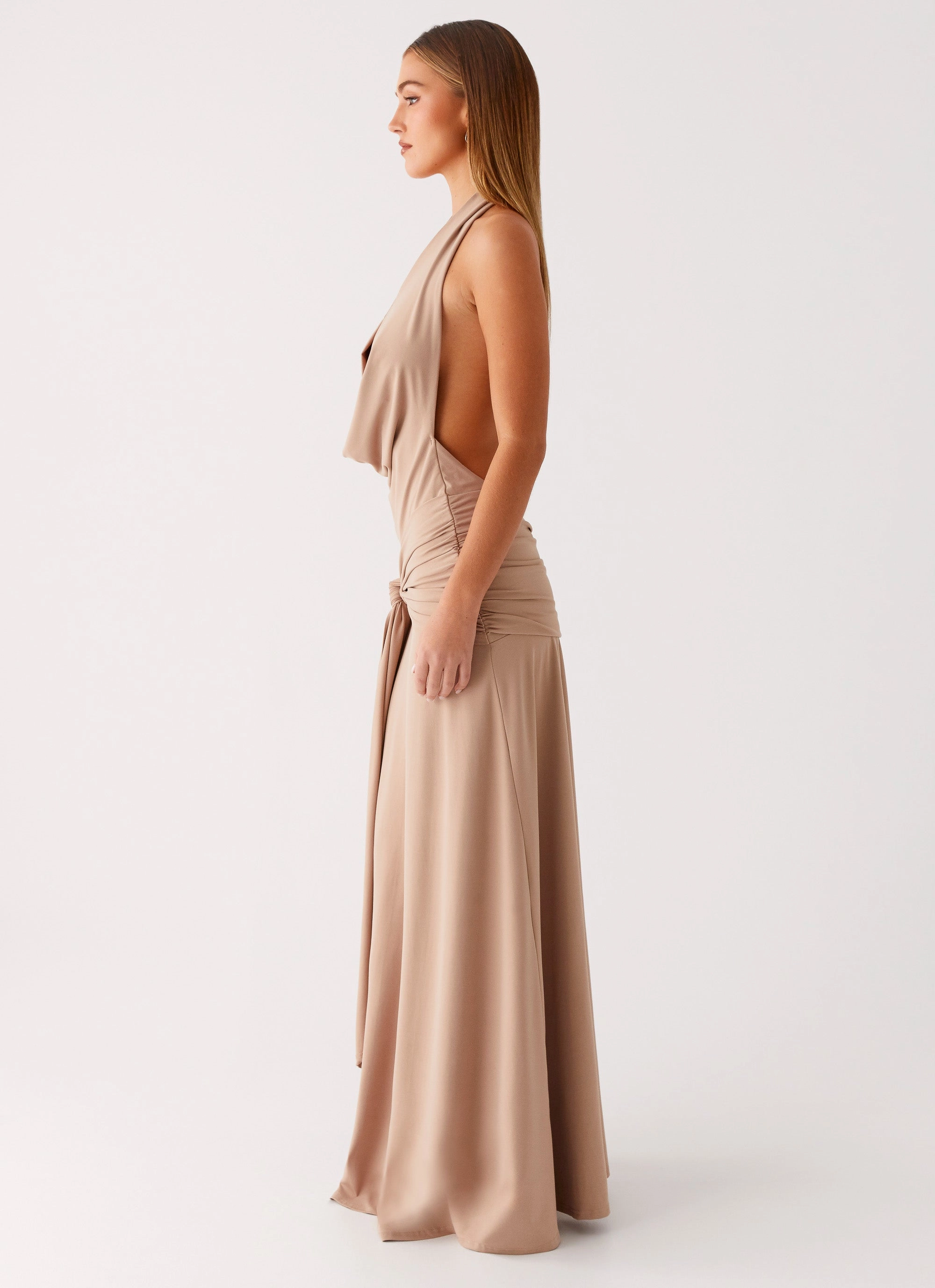 Rowan Ray Cowl Maxi Dress - Light Taupe Flattering Shape Look Boho Aesthetic
