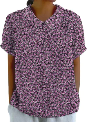 Cute Collared Boho Tops for Women 3/4 Sleeve Floral Blouses Dressy Casual Vintage Graphic Shirts Loose Pullover Tops