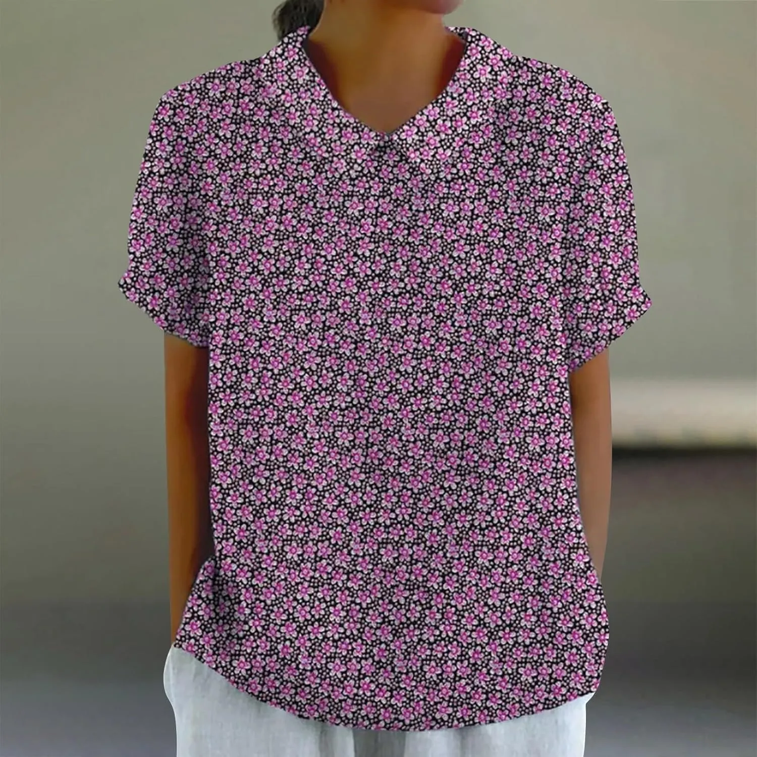 Cute Collared Boho Tops for Women 3/4 Sleeve Floral Blouses Dressy Casual Vintage Graphic Shirts Loose Pullover Tops