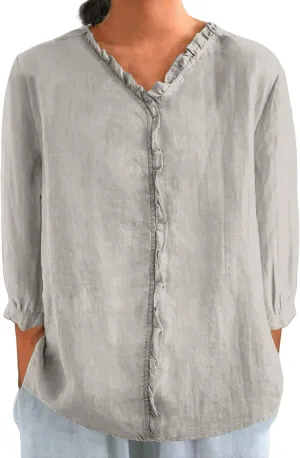 Cute Linen Shirts for Women Lapel Collared 3/4 Sleeve Print Tunic Blouses Casual Loose 2025 T-Shirt Tops for Summer