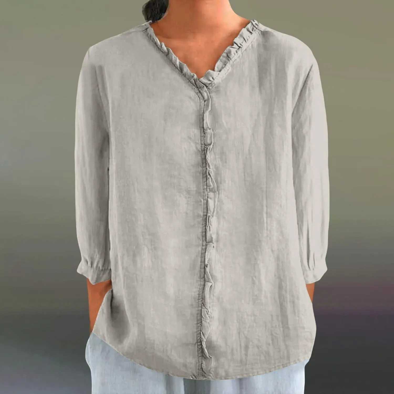 Cute Linen Shirts for Women Lapel Collared 3/4 Sleeve Print Tunic Blouses Casual Loose 2025 T-Shirt Tops for Summer