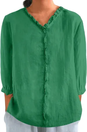 Cute Linen Shirts for Women Lapel Collared 3/4 Sleeve Print Tunic Blouses Casual Loose 2025 T-Shirt Tops for Summer