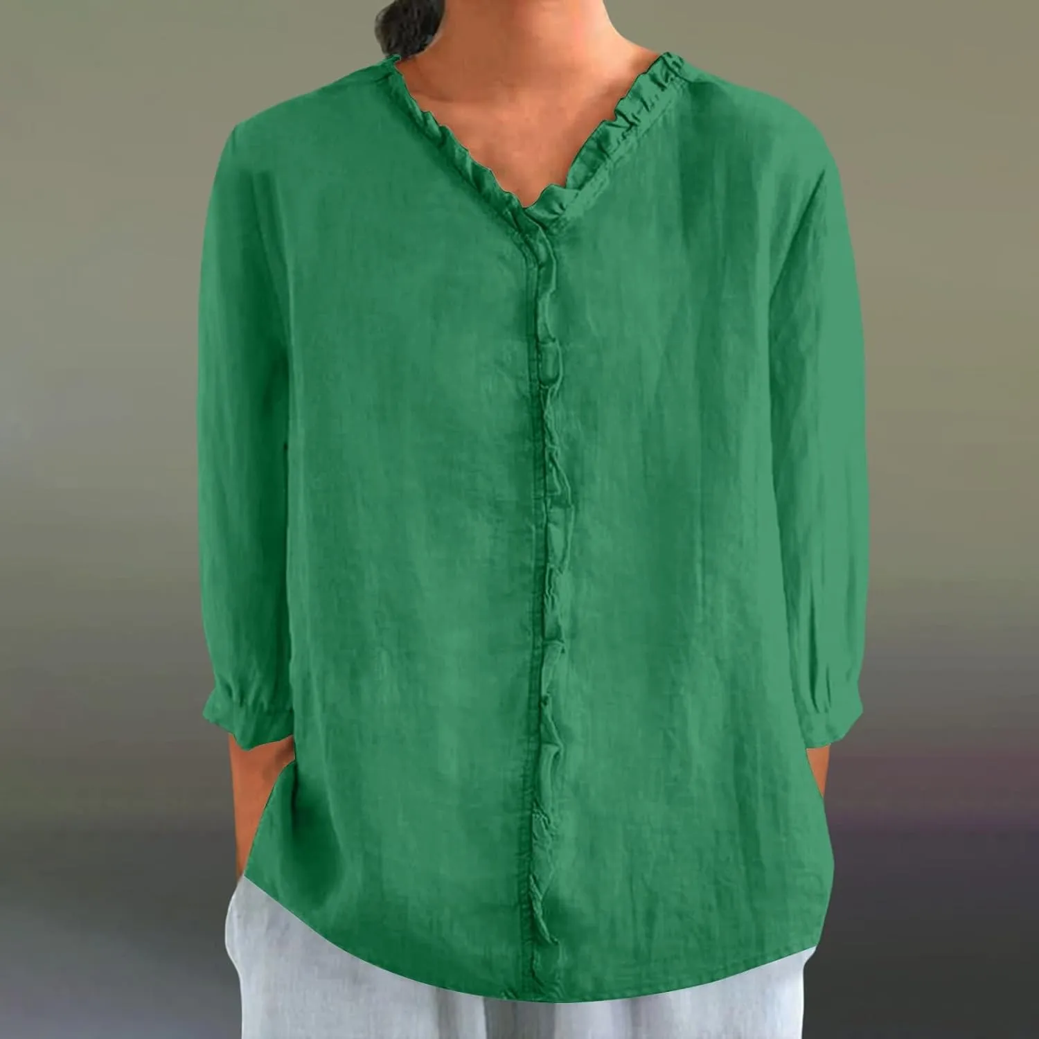 Cute Linen Shirts for Women Lapel Collared 3/4 Sleeve Print Tunic Blouses Casual Loose 2025 T-Shirt Tops for Summer