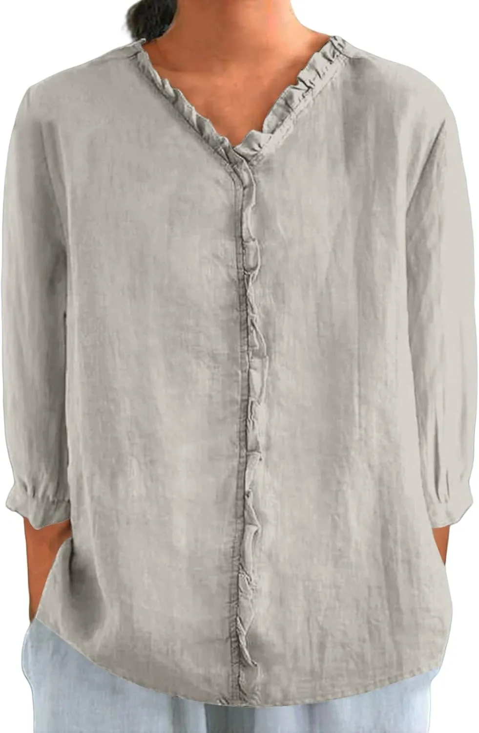 Cute Linen Shirts for Women Lapel Collared 3/4 Sleeve Print Tunic Blouses Casual Loose 2025 T-Shirt Tops for Summer