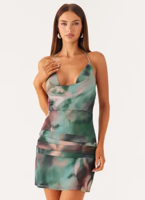 Cyna Cowl Mini Dress - Sea Splash StretchableKnit