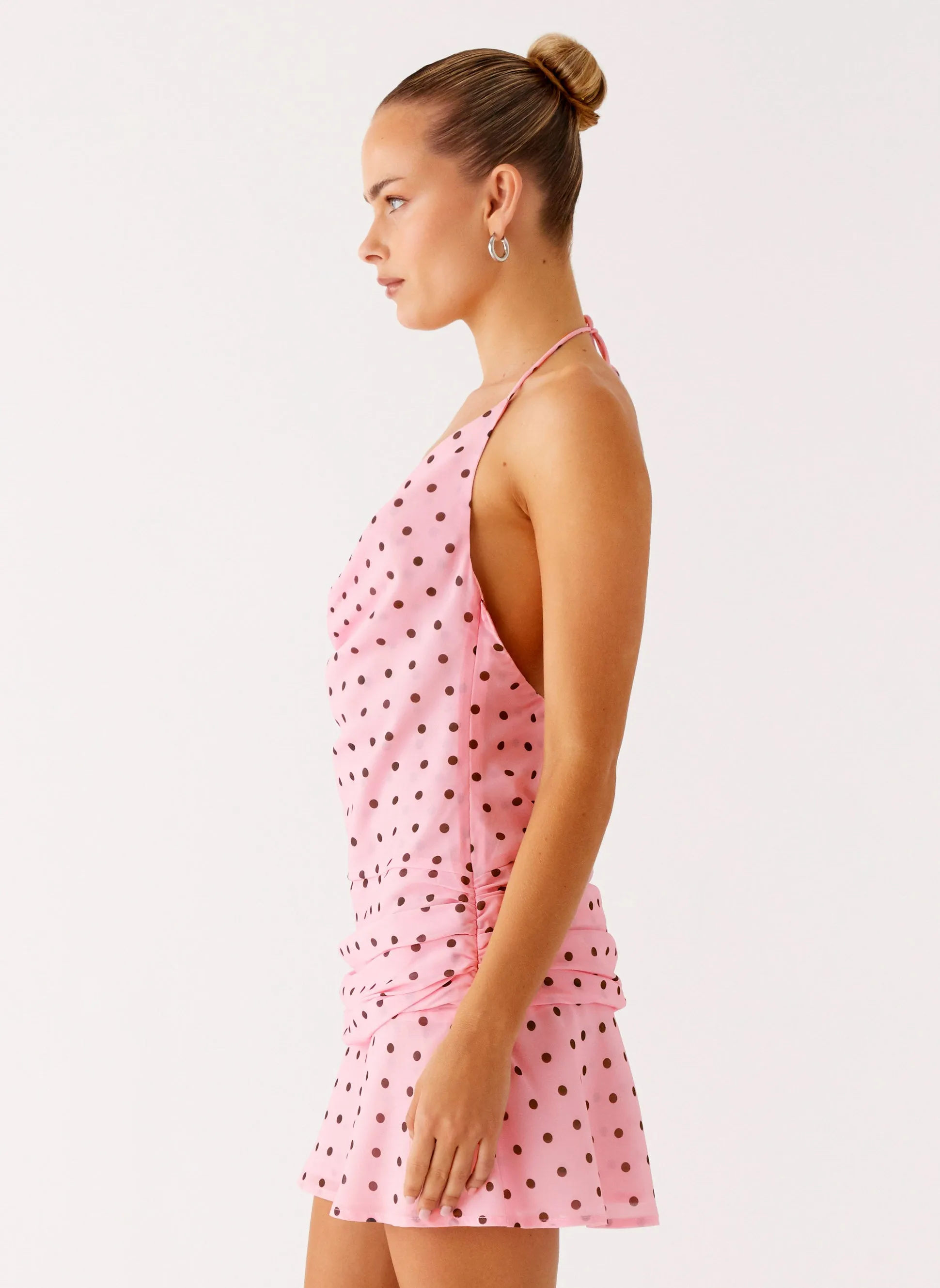 Cyna Cowl Mini Dress - Strawberry Dot Subtle Flow Sleek Volume