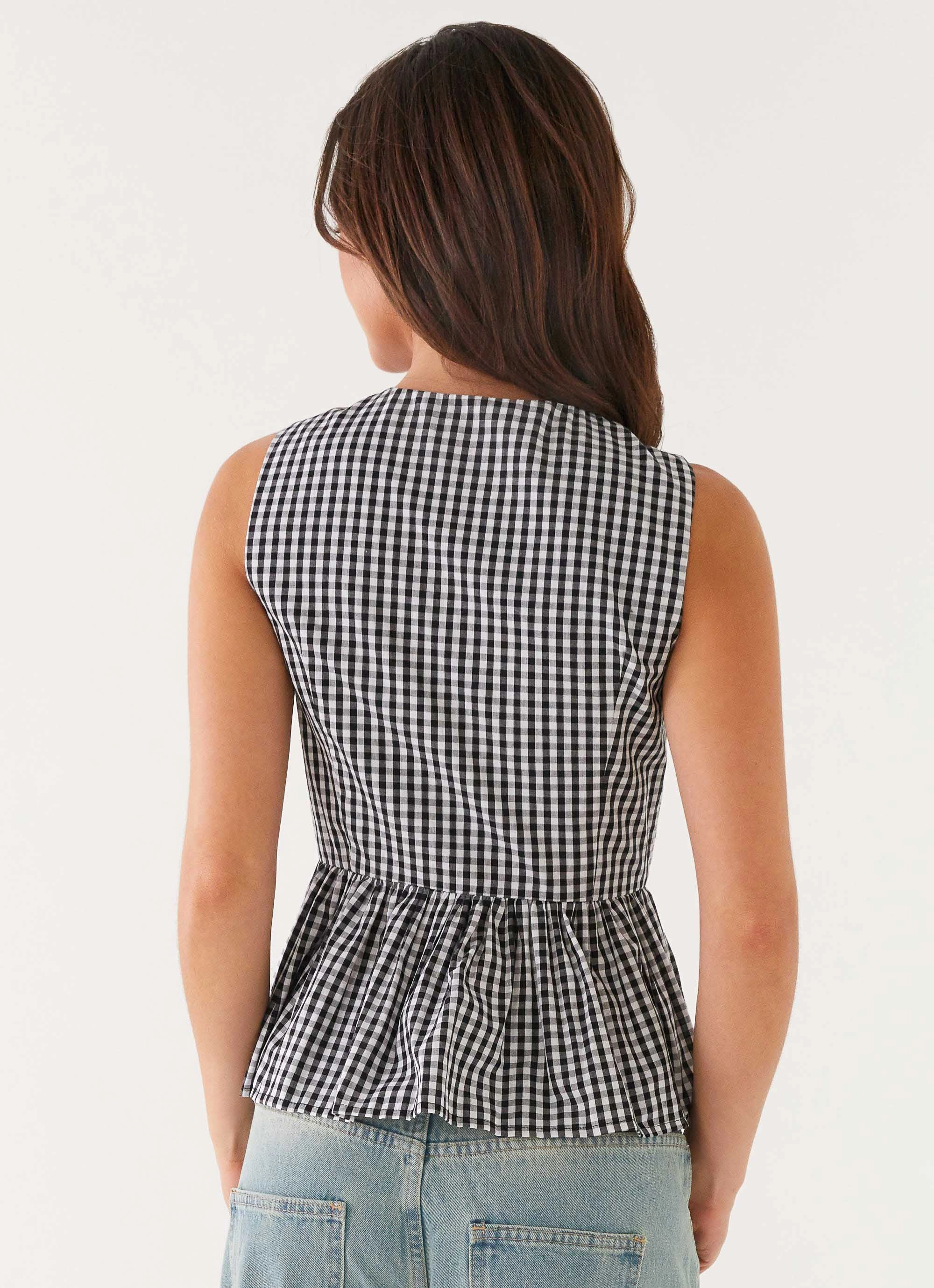 V-neck Blouse Cyrene Tie Top - Black Gingham