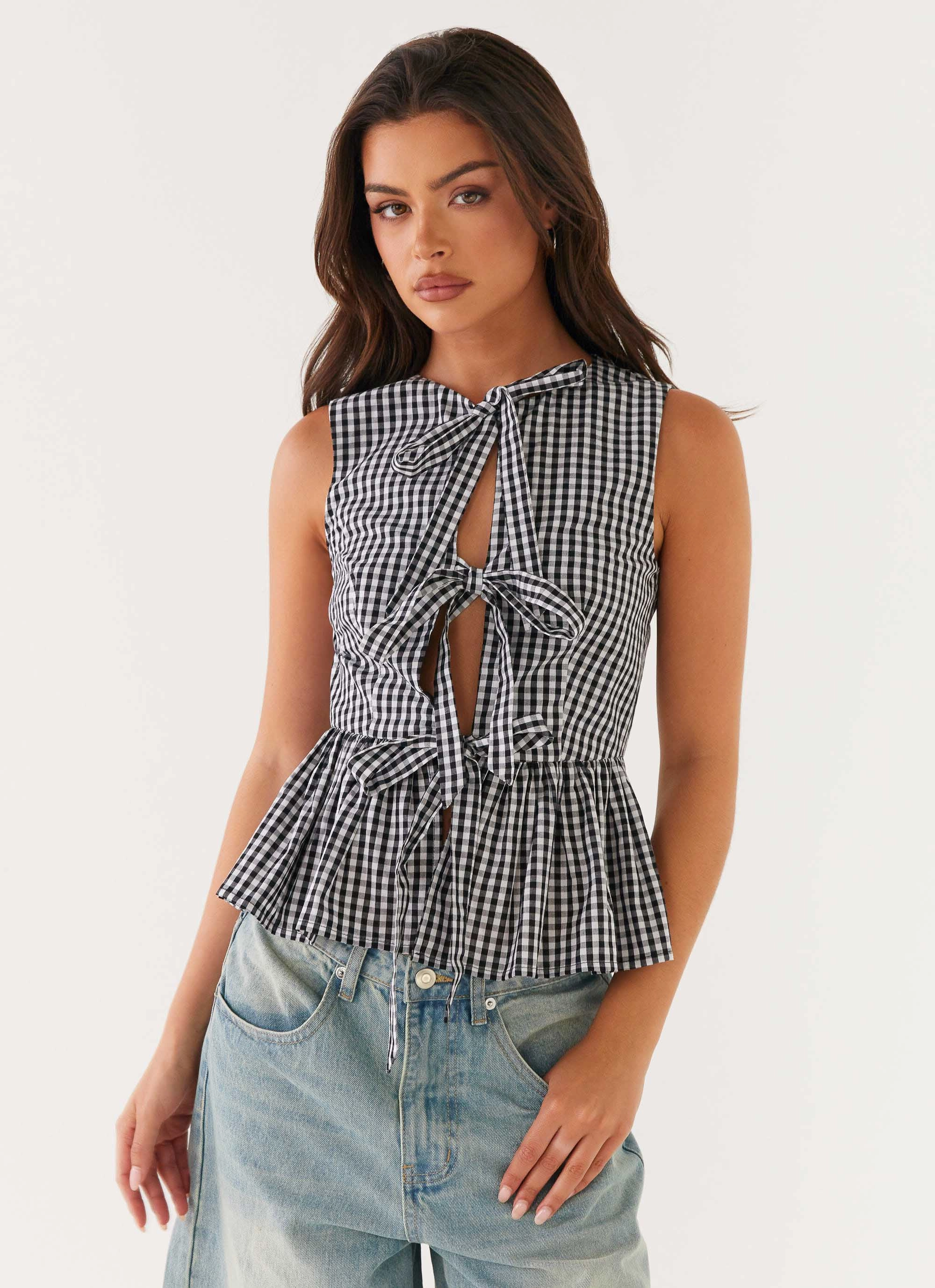 Cyrene Tie Top - Black Gingham WrinkleFree Finish