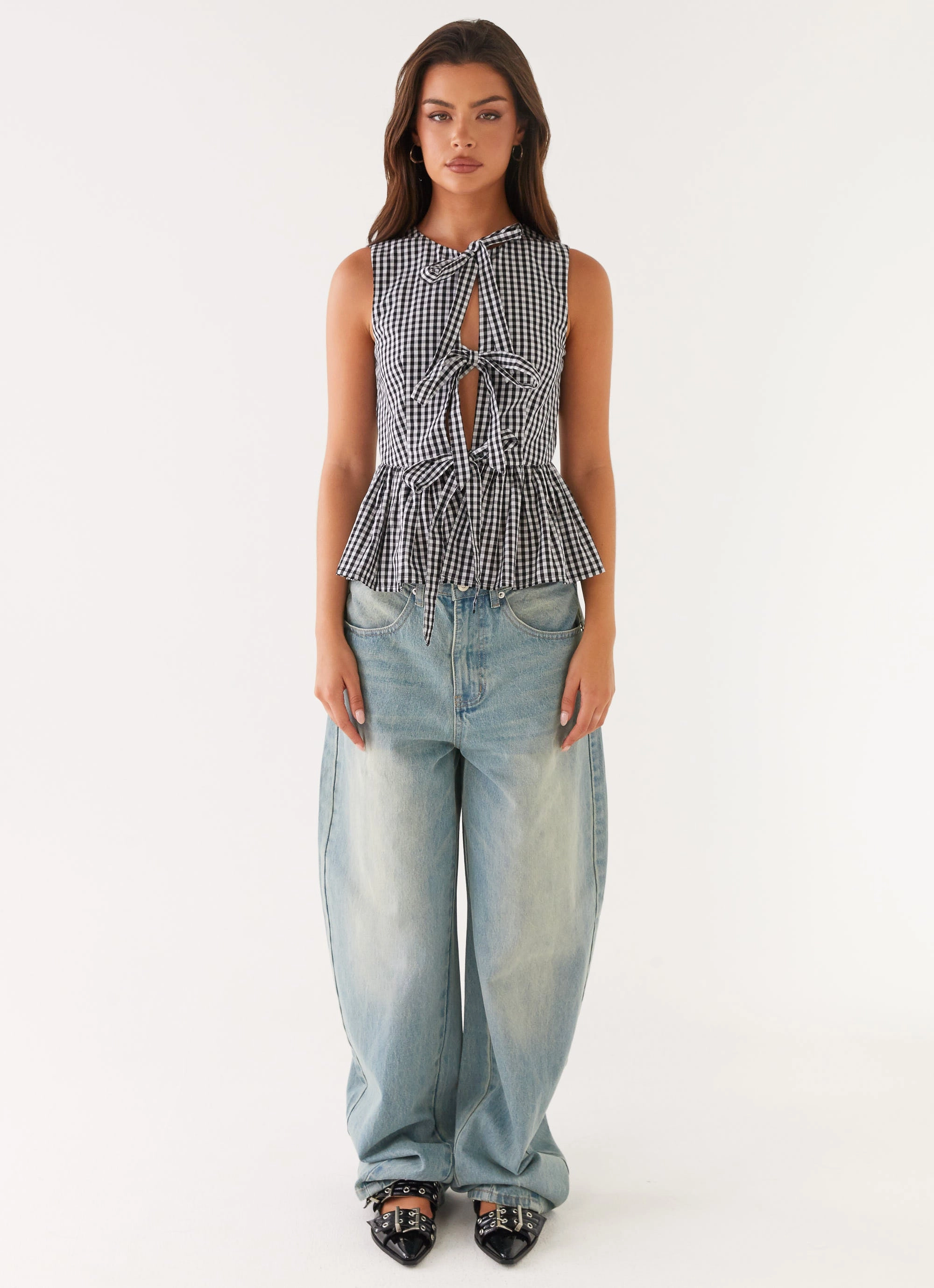 Cyrene Tie Top - Black Gingham Two Tone Texture Effect Wrinkle Free Texture