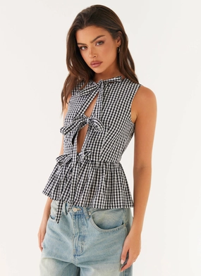 Cyrene Tie Top - Black Gingham Rubberized grip