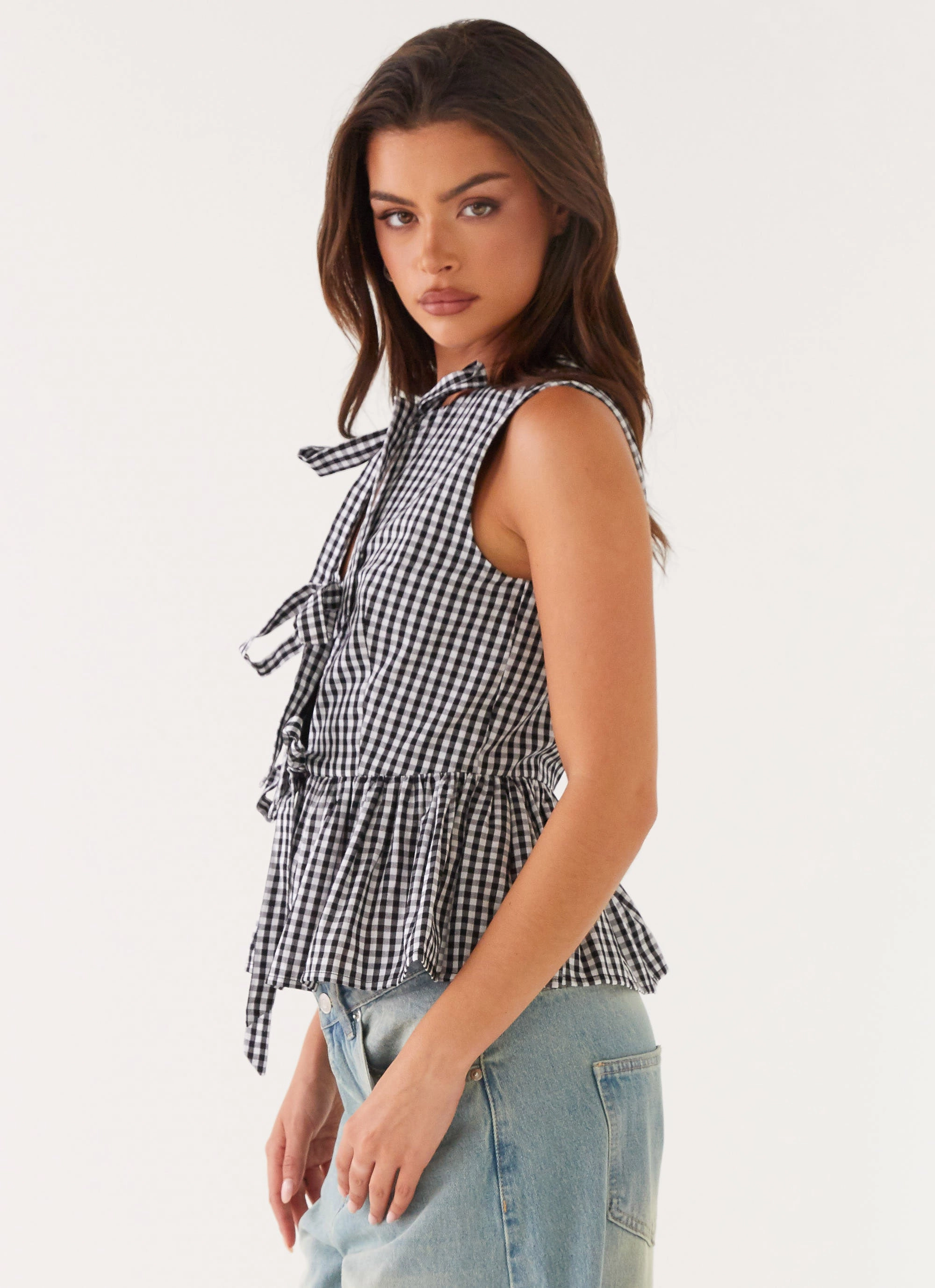 Subtle Texture Weave Thermal regulation Cyrene Tie Top - Black Gingham