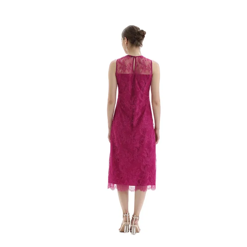D098-5 Women Floral eyelash lace sleeveless straight-cut party midi dress