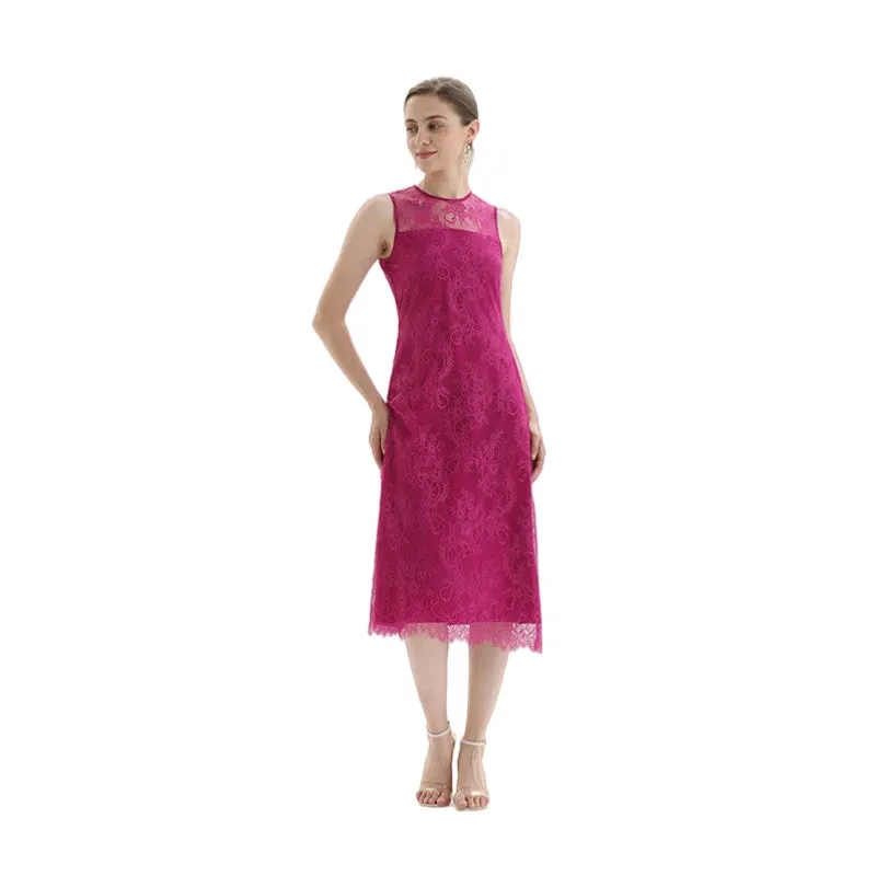 D098-5 Women Floral eyelash lace sleeveless straight-cut party midi dress
