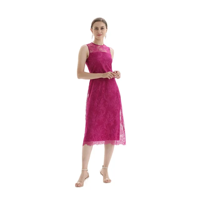 D098-5 Women Floral eyelash lace sleeveless straight-cut party midi dress