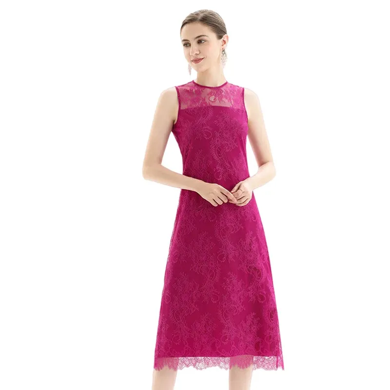 D098-5 Women Floral eyelash lace sleeveless straight-cut party midi dress