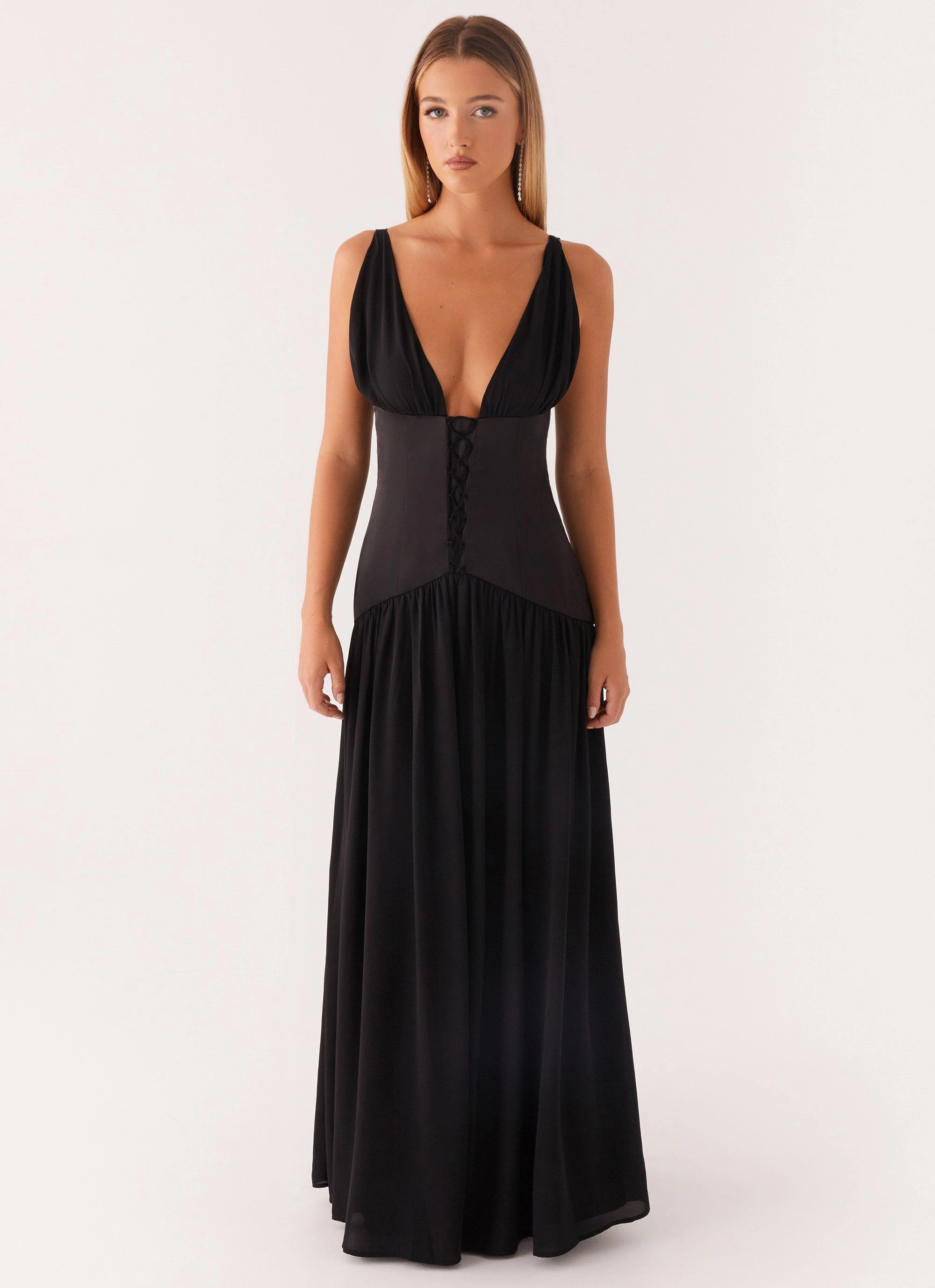 Linen Vibe Red-Carpet Dafina Satin Maxi Dress - Black