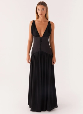 Linen Vibe Red-Carpet Dafina Satin Maxi Dress - Black