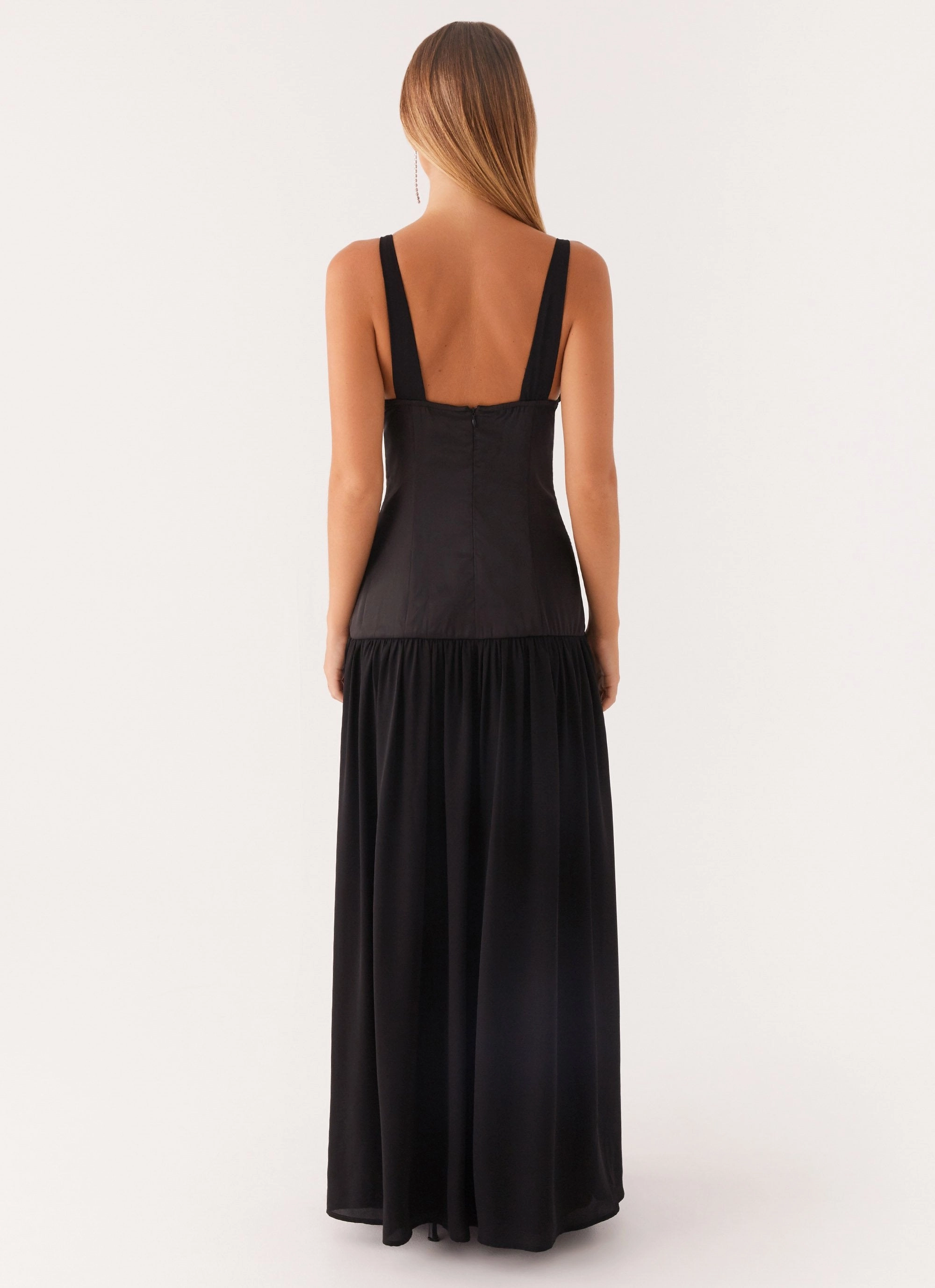 Square Neck Dafina Satin Maxi Dress - Black