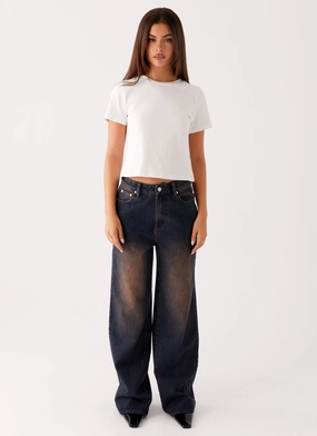 Basic Stretch Back Again Straight Leg Denim Jeans - Brown Blue Acid Wash