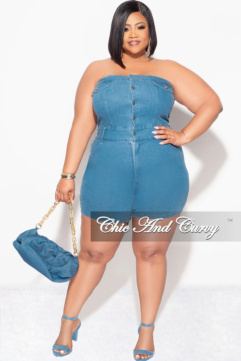 Final Sale Plus Size Strapless Button Up Romper in Denim SoftTouchFinish Layered Protection