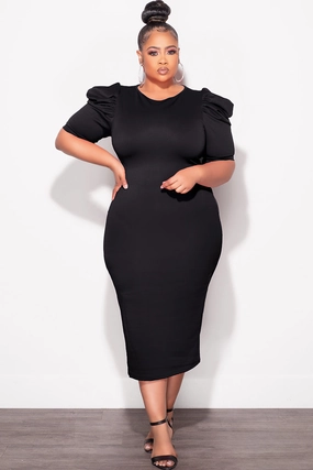 Sleek Appearance Final Sale Plus Size Bodycon Dress with Puffy Sleeves Black
