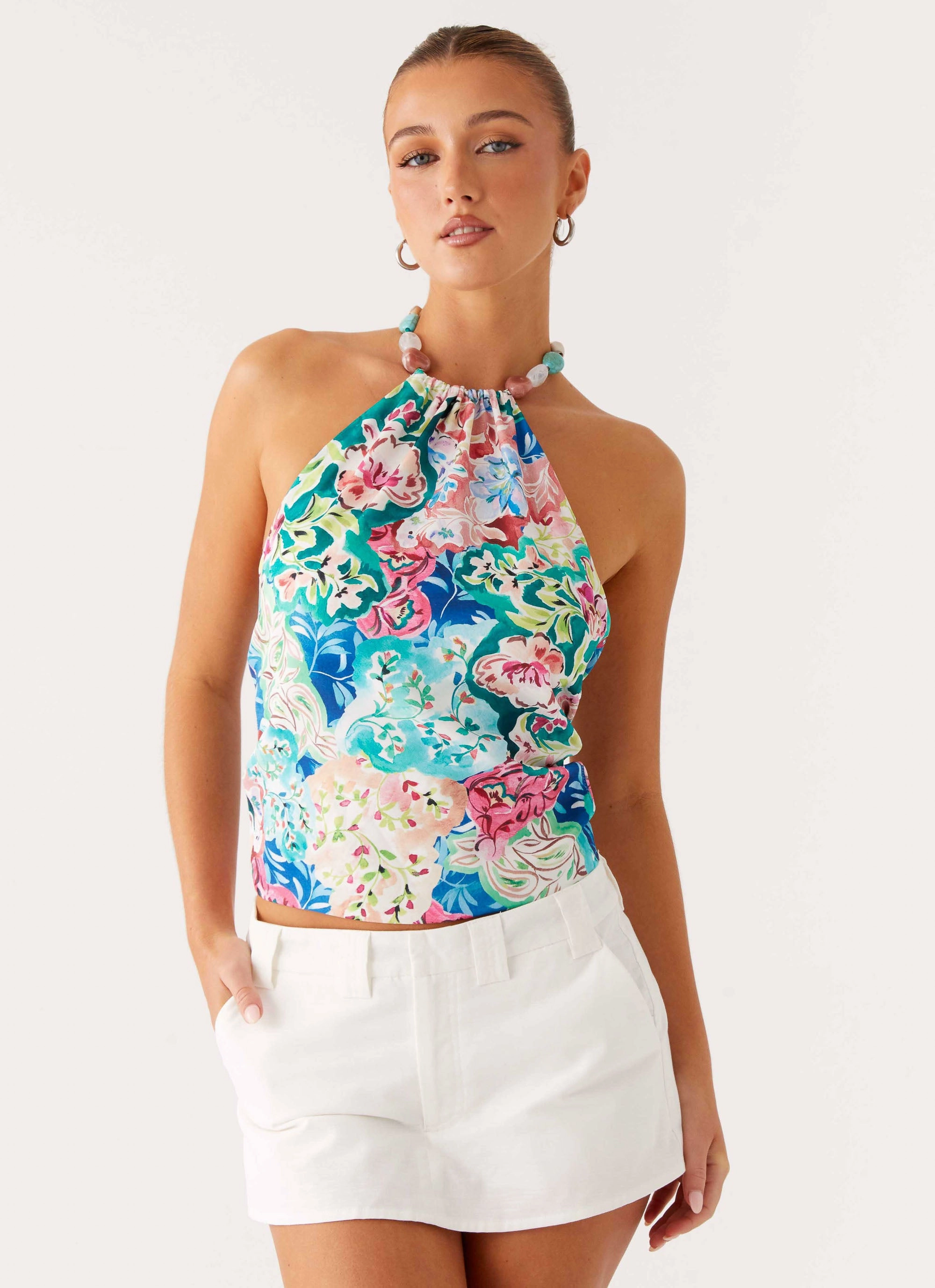 Dalila Beaded Tie Back Top - Santorini Floral YarnDye Technique