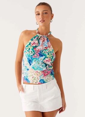 Dalila Beaded Tie Back Top - Santorini Floral YarnDye Technique