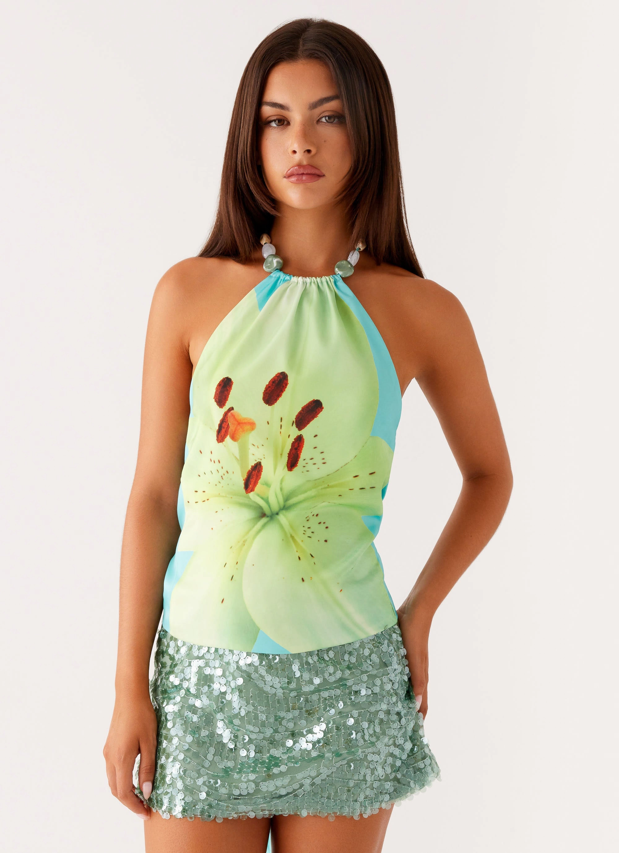 Dalila Beaded Tie Back Top - Turquoise Floral Tapered Side Panels WrinkleFree Structure