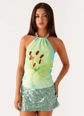 Dalila Beaded Tie Back Top - Turquoise Floral Tapered Side Panels WrinkleFree Structure