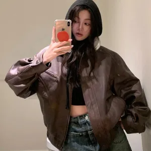 Daniella Retro Faux Leather Bomber Jacket