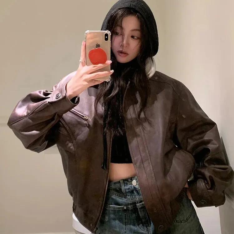 Daniella Retro Faux Leather Bomber Jacket
