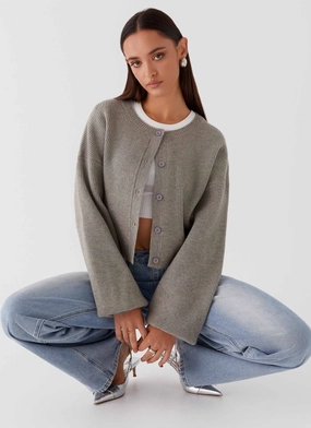 Light Reflectivity Trim No Collar Daphne Knit Cardigan - Light Grey
