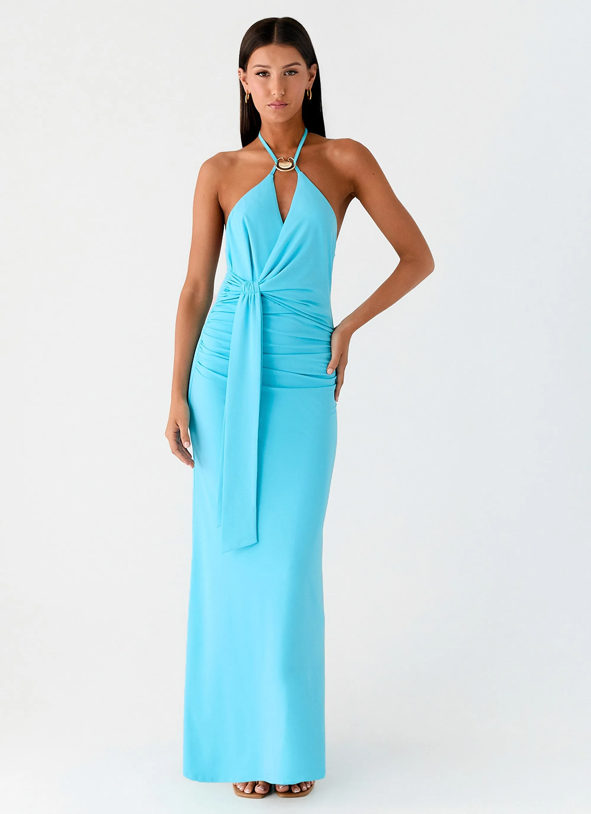 Dare Me Halter Maxi Dress - Aqua Blue Lawn Soft