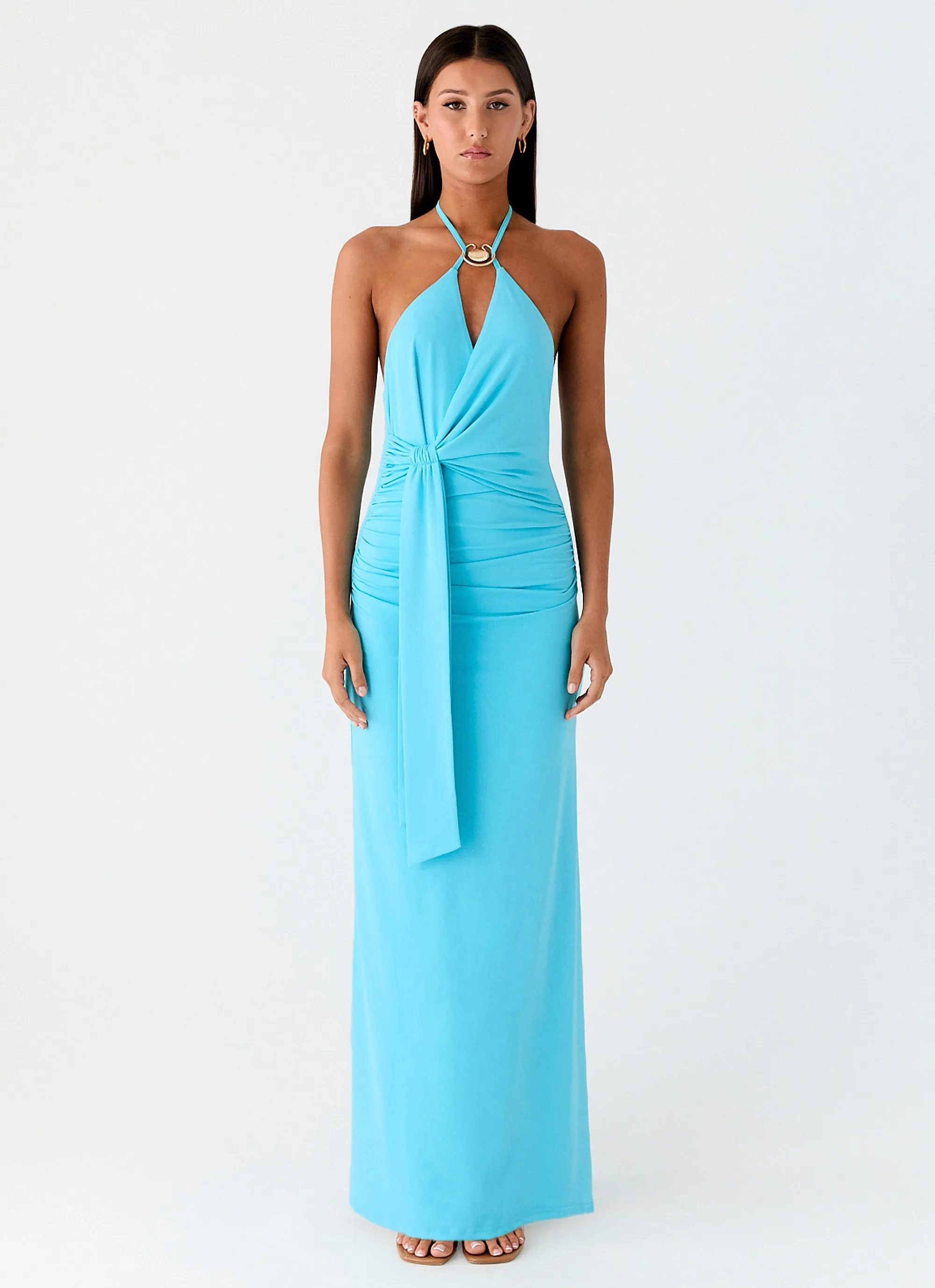 Cafe Vibe Pretty Glow Dare Me Halter Maxi Dress - Aqua Blue