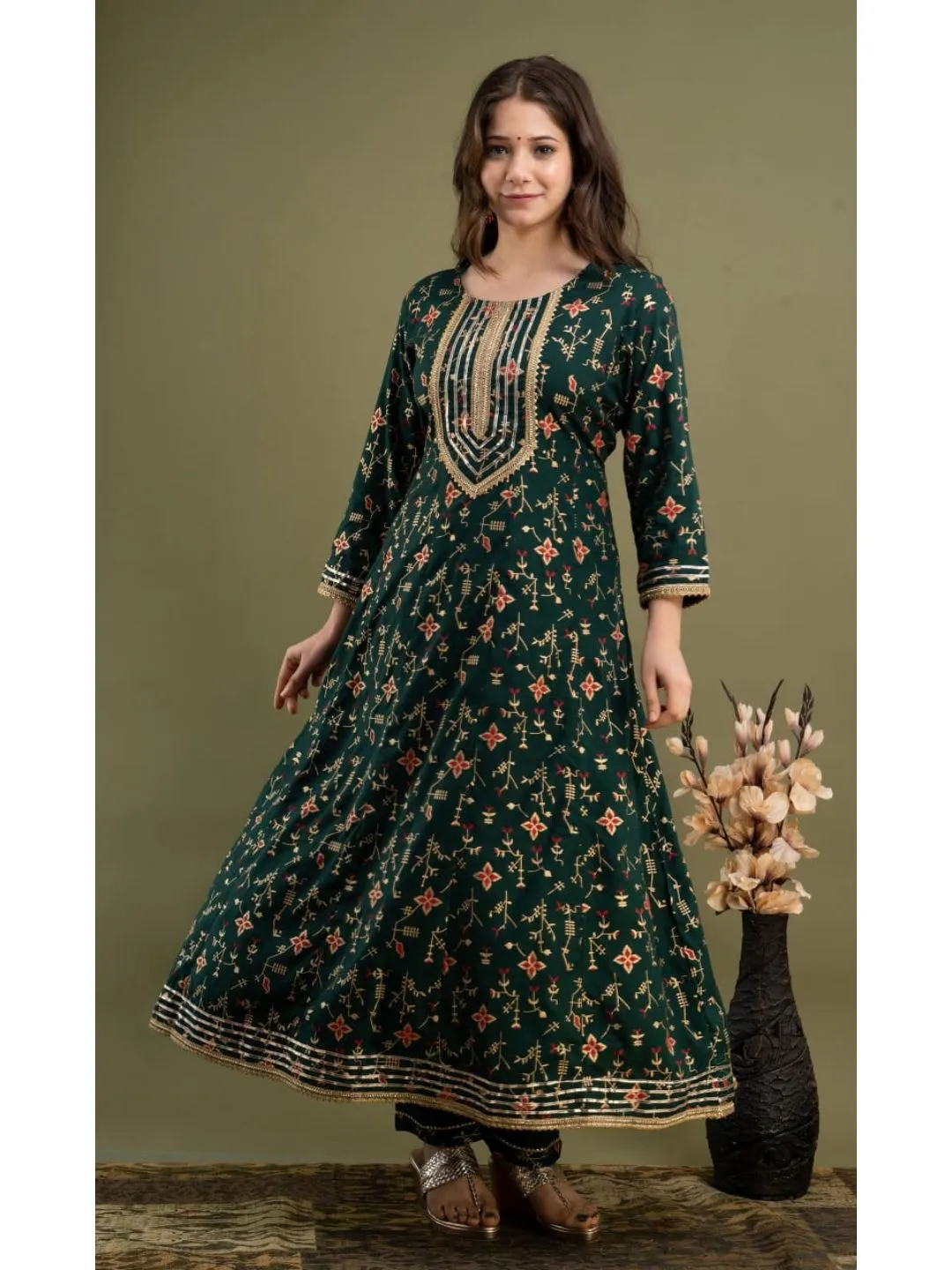 Dark Green Rayon Kurta Pant Set With Dupatta