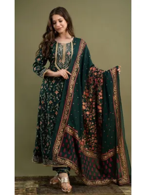 Dark Green Rayon Kurta Pant Set With Dupatta