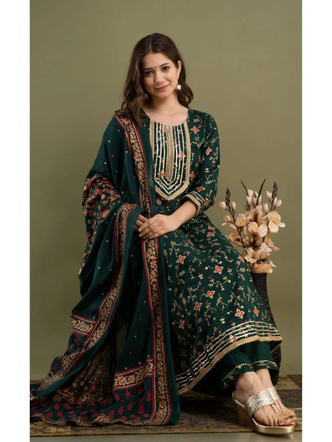 Dark Green Rayon Kurta Pant Set With Dupatta