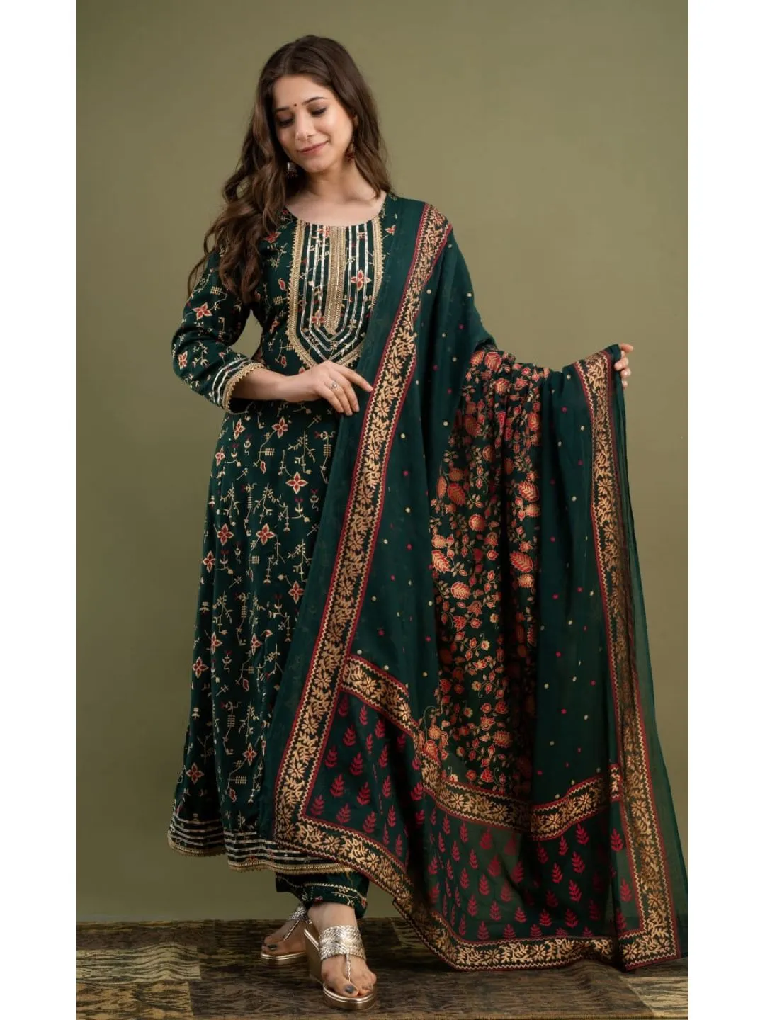 Dark Green Rayon Kurta Pant Set With Dupatta