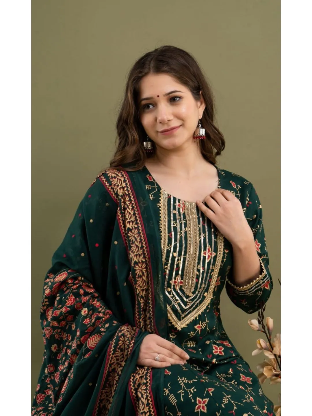Dark Green Rayon Kurta Pant Set With Dupatta