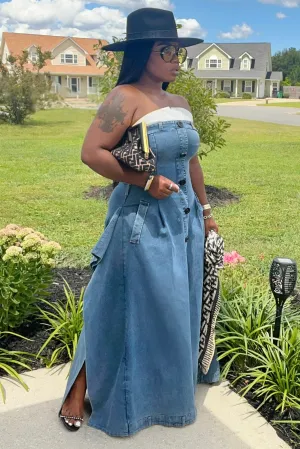 Davida Press Play Button Up Maxi Dress Denim Comfortable Touch Romantic-Detail