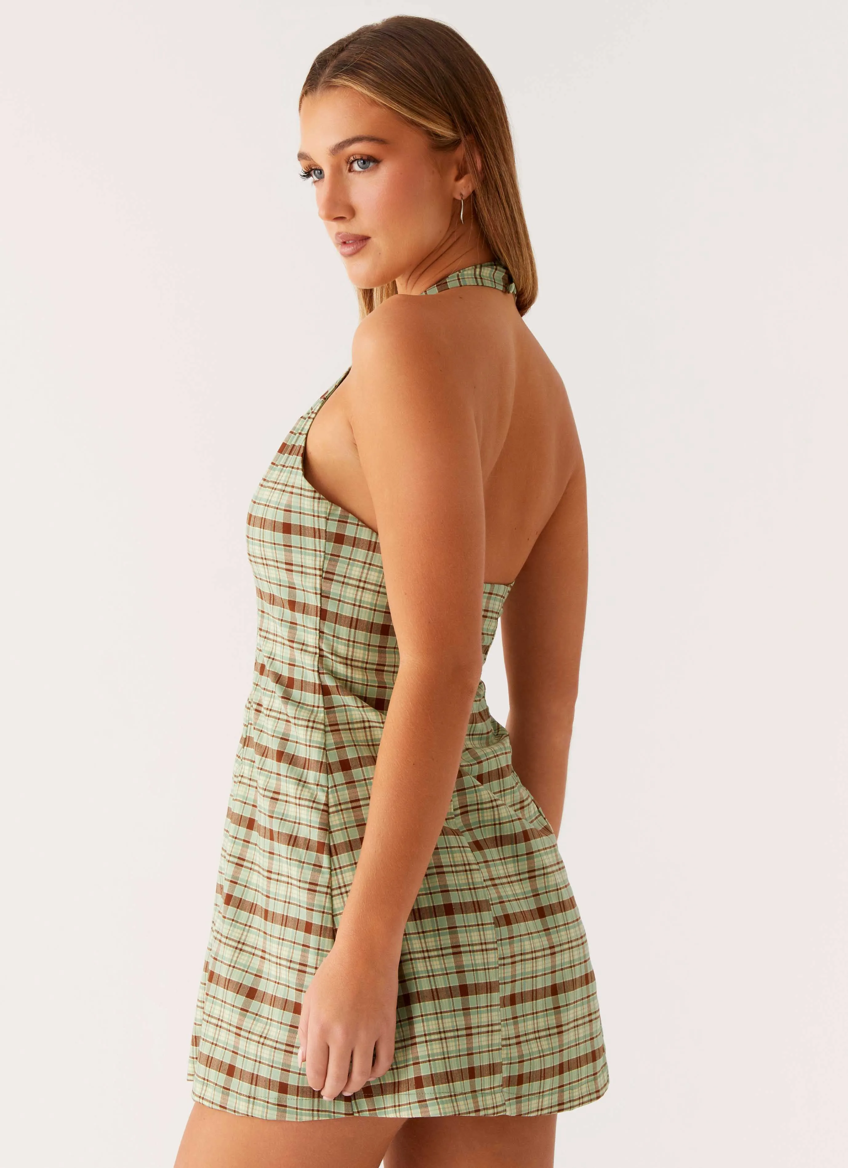 Zip Closure Dunia Halter Mini Dress - Forest Plaid