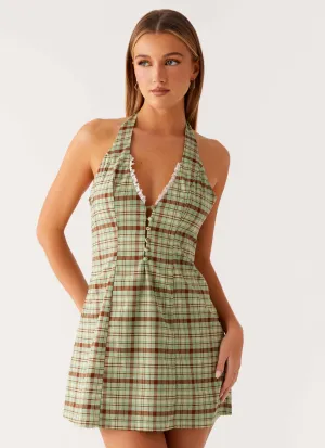 Special-Occasion Dunia Halter Mini Dress - Forest Plaid