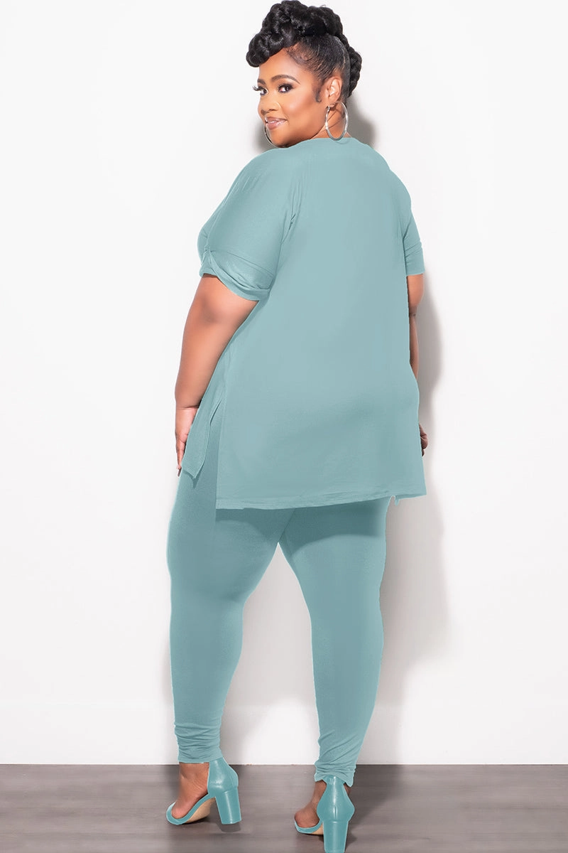 Final Sale Plus Size 2pc V-Neck Tunic Top and Matching Legging Set in Blue Grey slim cut
