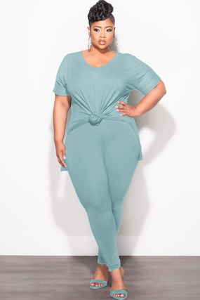 Final Sale Plus Size 2pc V-Neck Tunic Top and Matching Legging Set in Blue Grey QuickDryTechnology