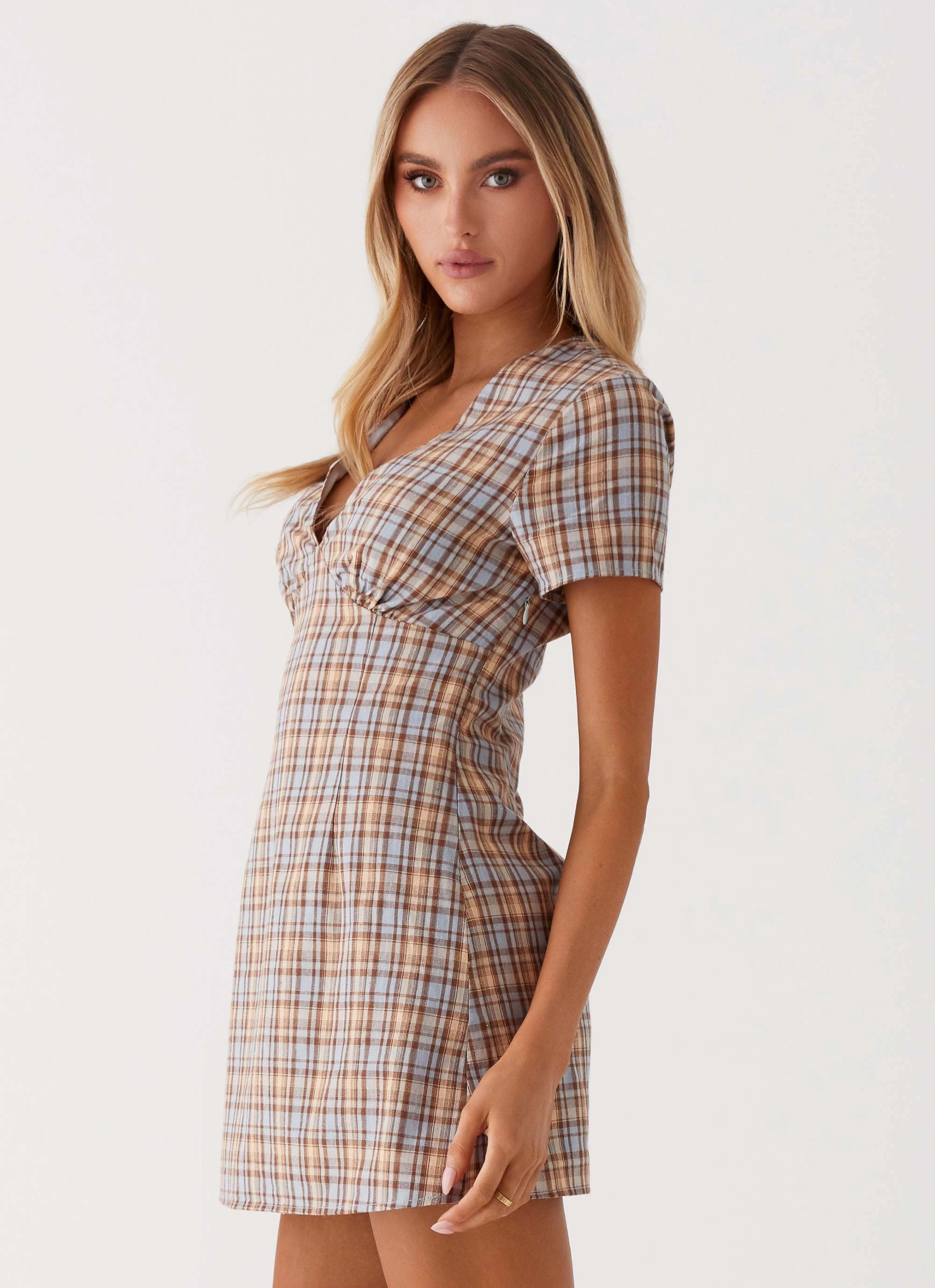 Light Rhythm Silky Shine Niki Cap Sleeve Mini Dress - Check