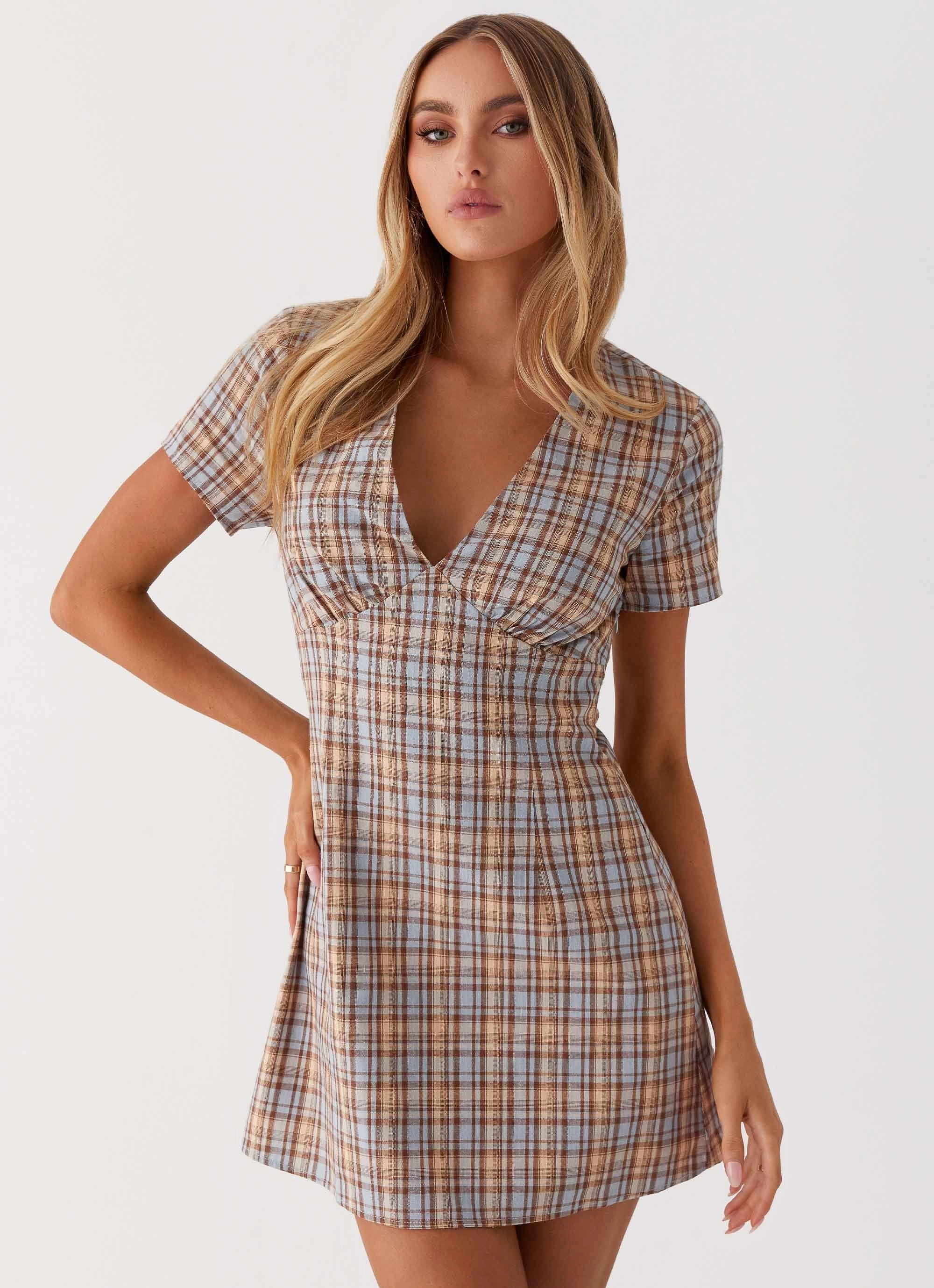 Casual Mode NoiseFreeFabric Niki Cap Sleeve Mini Dress - Check