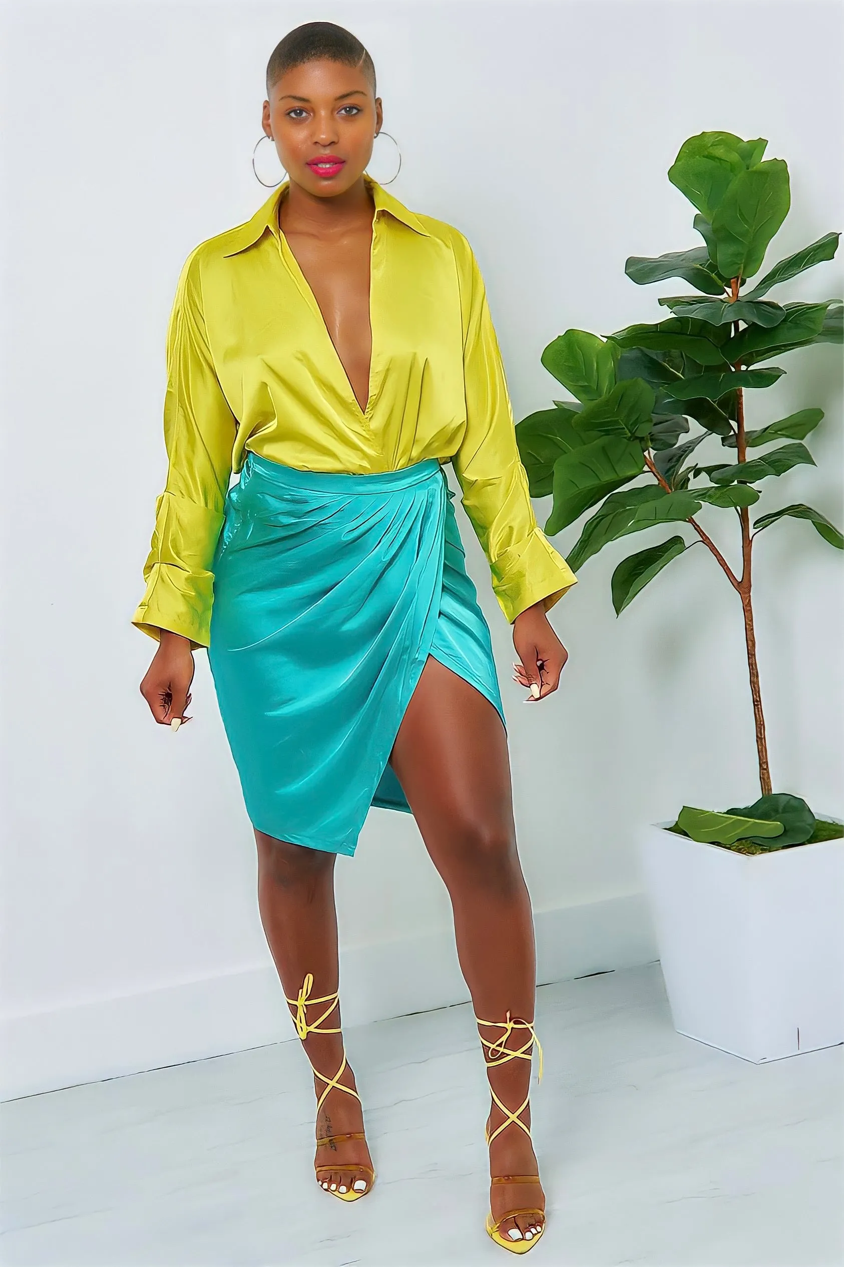 Elegant formal outfit Formed Look Shantina Lux Color Block Skirt Set-Green