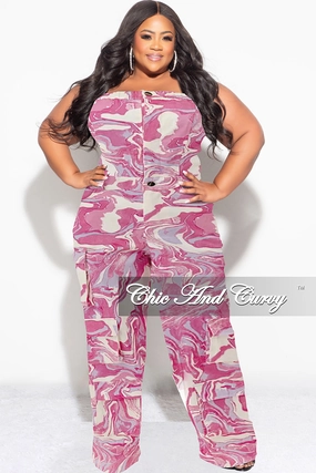Final Sale Plus Size Cargo Jumpsuit in Fuchsia Design Print Comfy Essentials Wear Stretch Panels