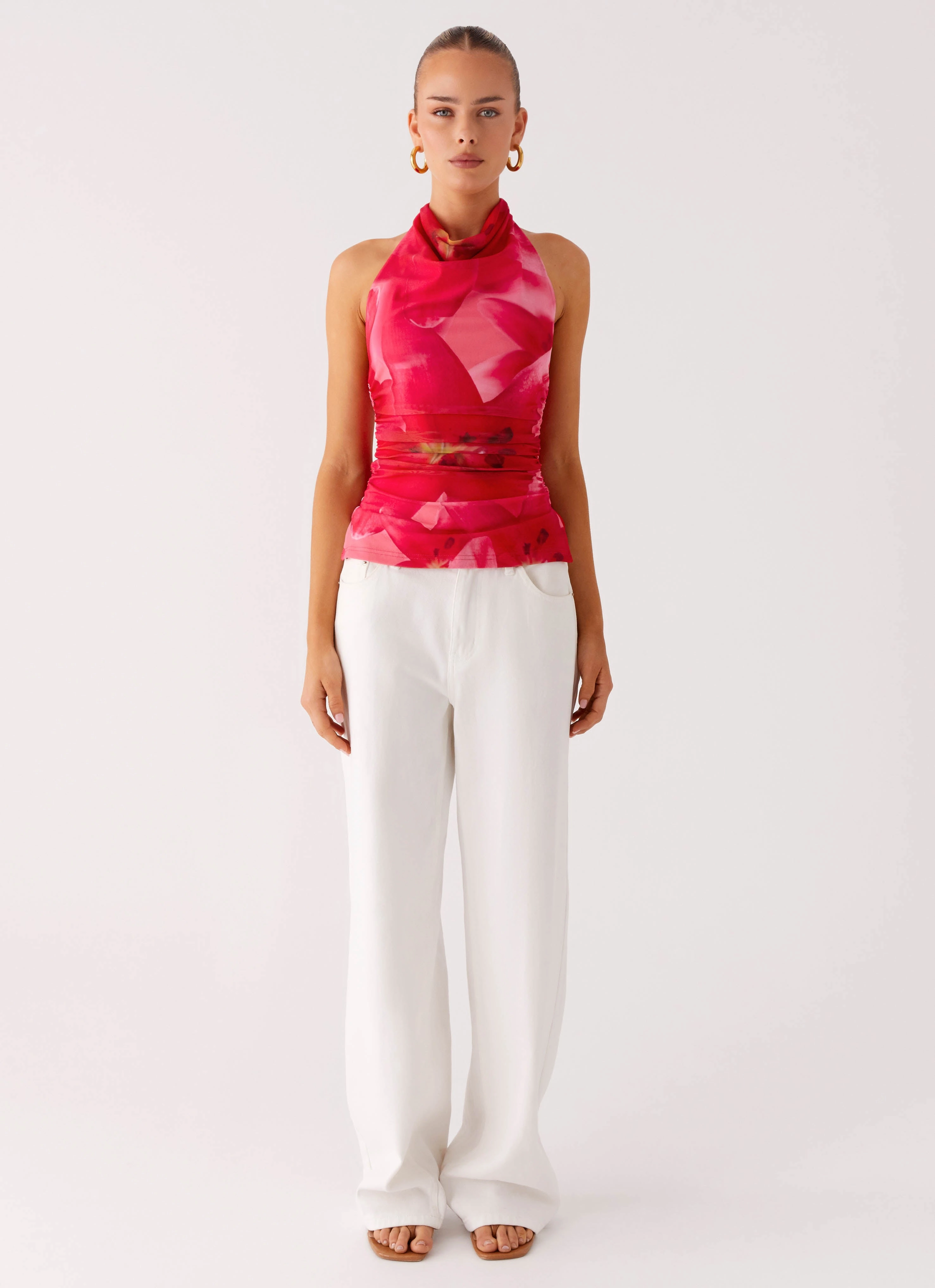 Delany Halter Top - Peach Watermelon Flower Contrast Stitch