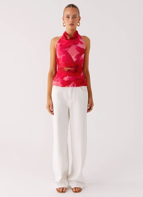Delany Halter Top - Peach Watermelon Flower Contrast Stitch